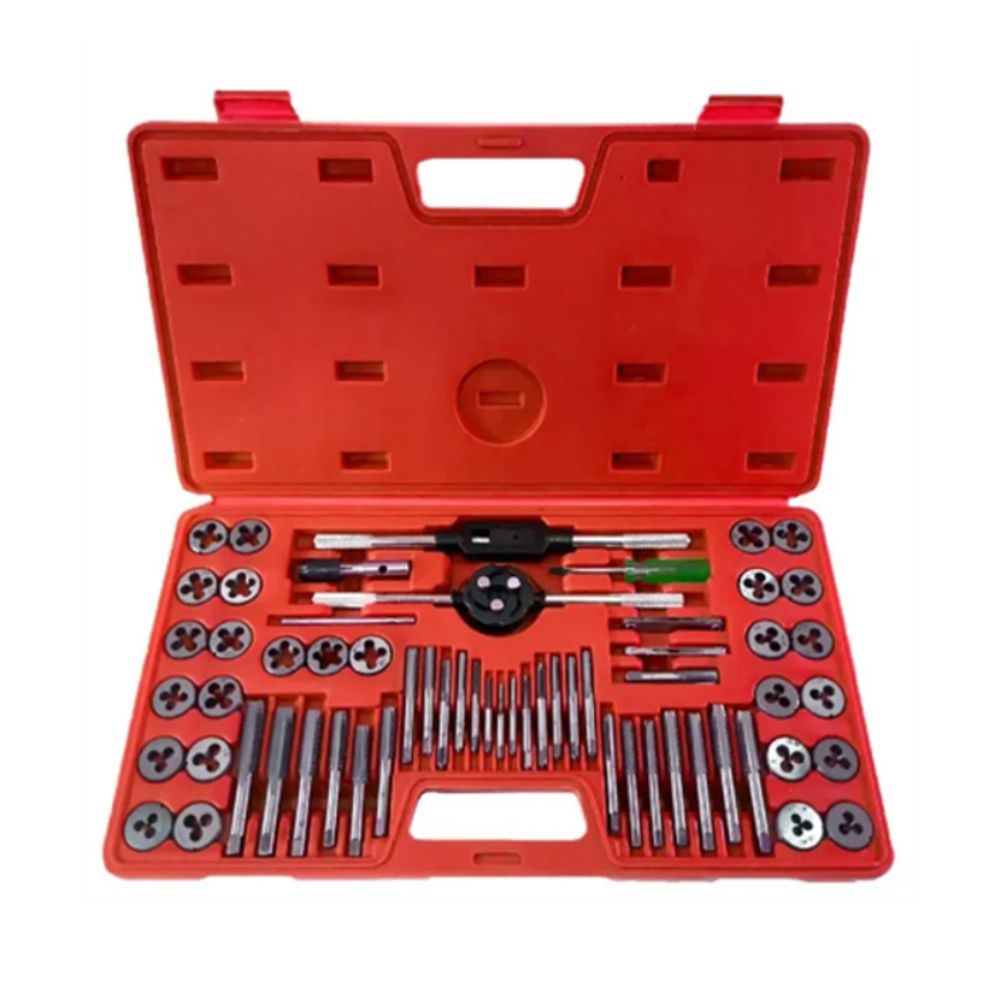 Metric and inch tap and die set with threading tools in moulded red carry box