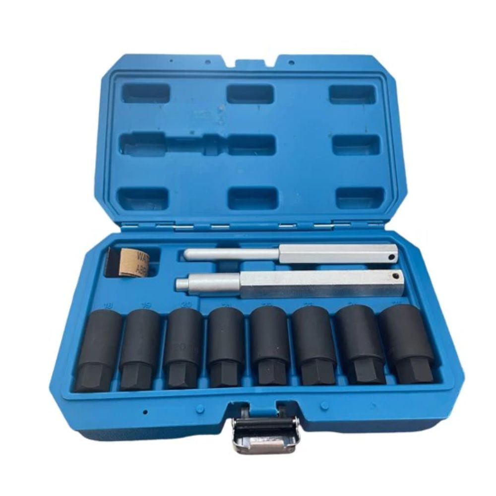 Heavy-duty wheel-nut extraction kit displayed inside organised carrying case