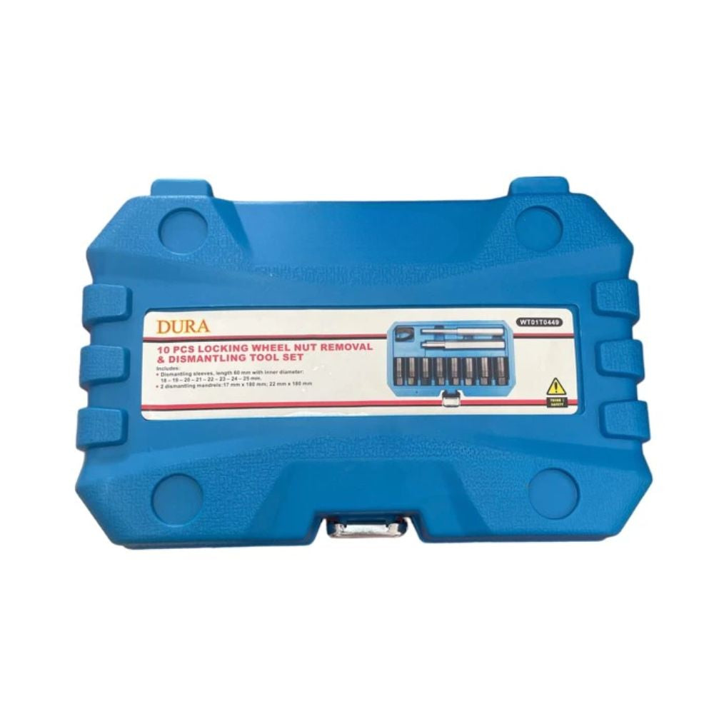 WT01T0449 wheel-lock nut removal kit in blue carrying case with tools inside
