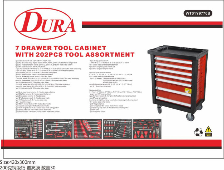 Dura 7 drawer tool cabinet with tool assortment on a white background