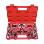 Close-up of tap and die components neatly organised in workshop tool case