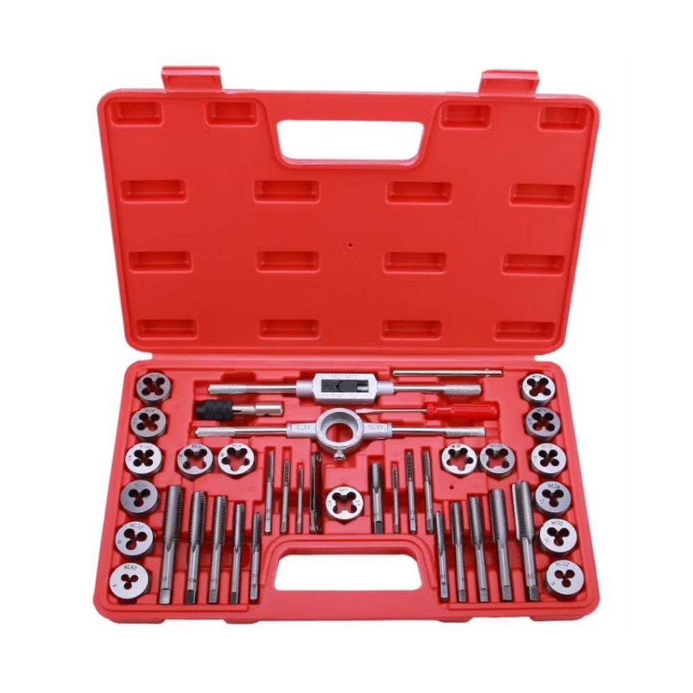 Close-up of tap and die components neatly organised in workshop tool case