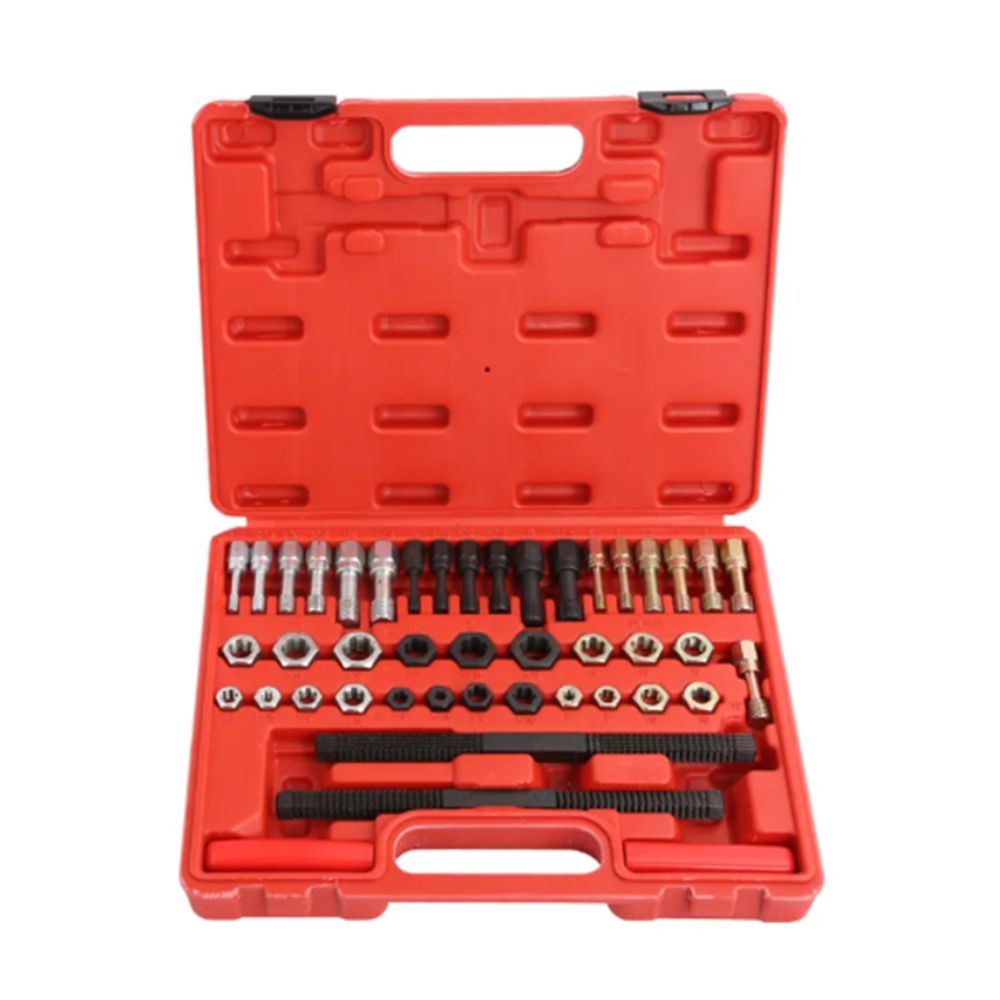 42PCS re-threading kit in red case with taps, files, and spindles organised inside
