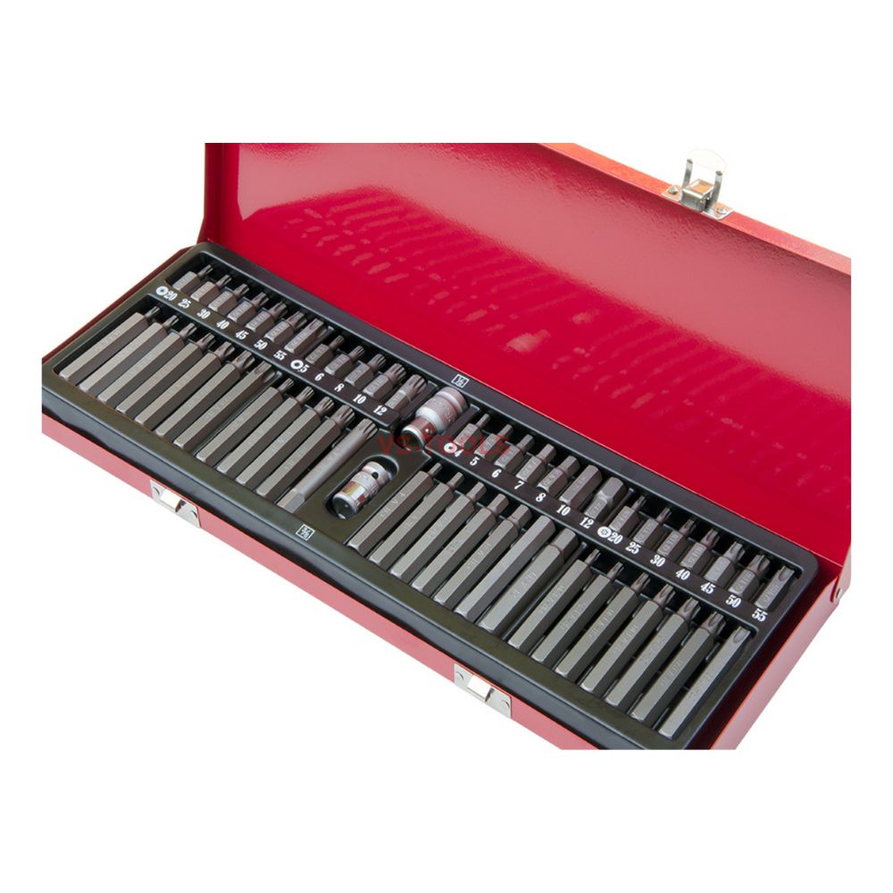 54-piece hex, spline and star bit set in red metal case
