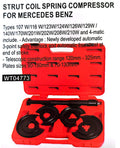 Strut coil spring compressor set for Mercedes Benz with red case and black components.