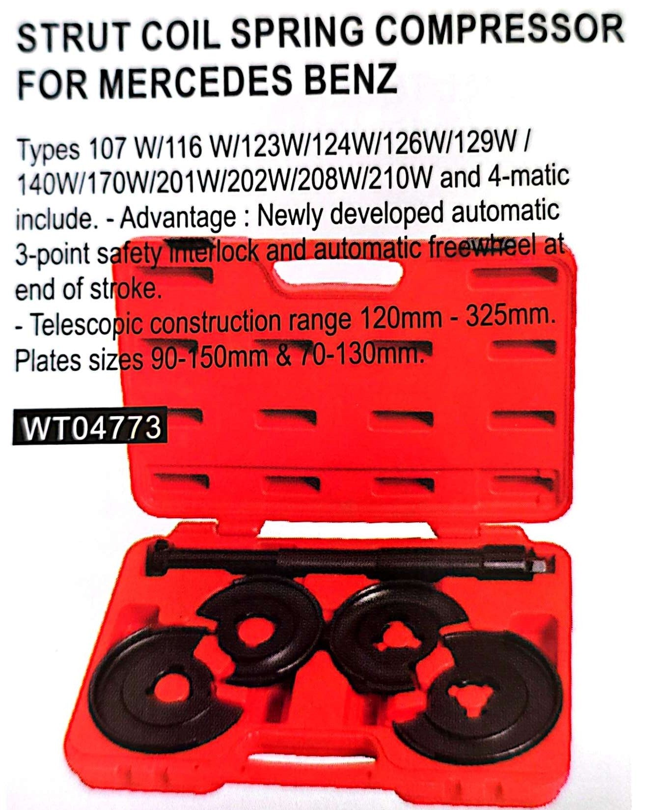 Strut coil spring compressor set for Mercedes Benz with red case and black components.