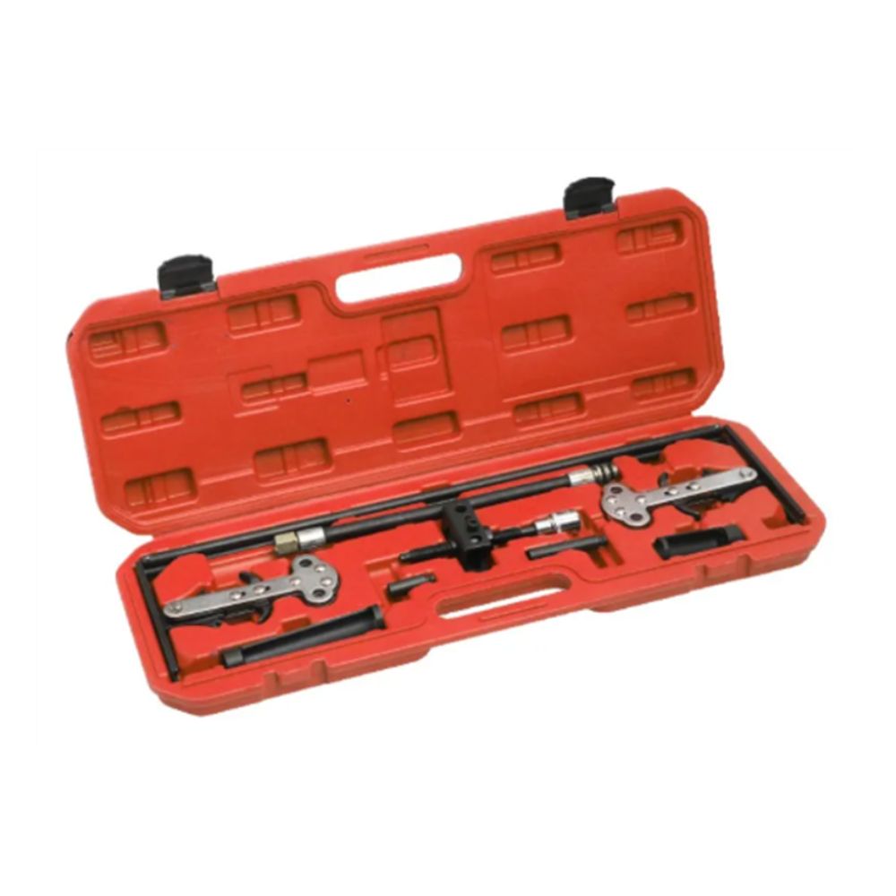 Valve spring compressor tool set in long red molded case
