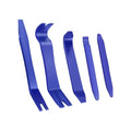 Five-piece blue trim and upholstery removal tool set arranged side by side
