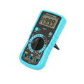 Blue digital multimeter with LCD display and rotary selector.