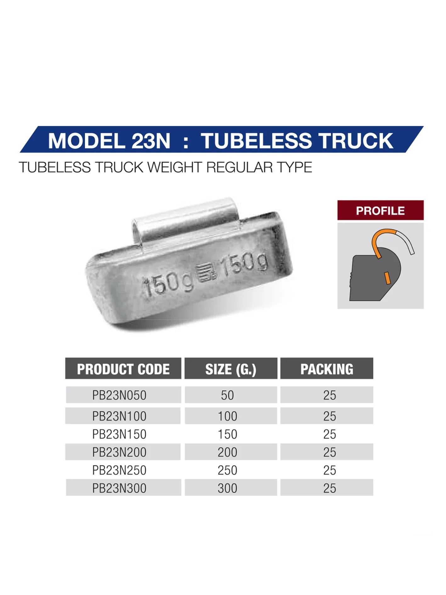 Truck wheel weight size chart showing 50g to 300g options